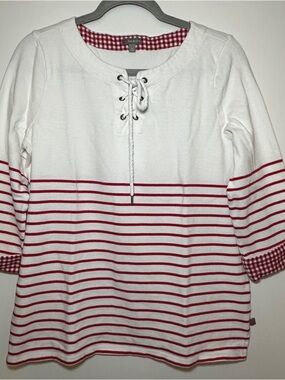 Talbots White & Red Striped Lace-Up Top